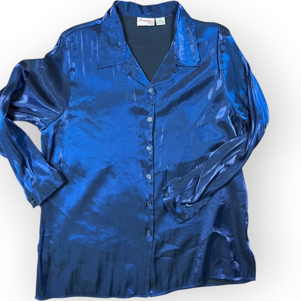 Joanna Plus Womens 2X Blue Shimmer Metallic Button Front Blouse Long Sleeve‎ Top